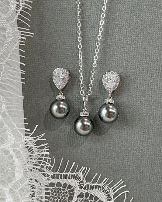Lisa Dark Gray Pearl Necklace and Earrings Set
