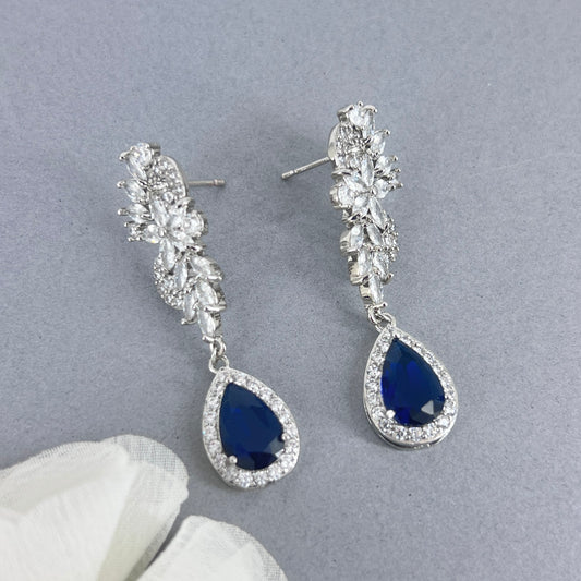 Bridal Wedding Sapphire Something Blue Teardrop Flower Earrings