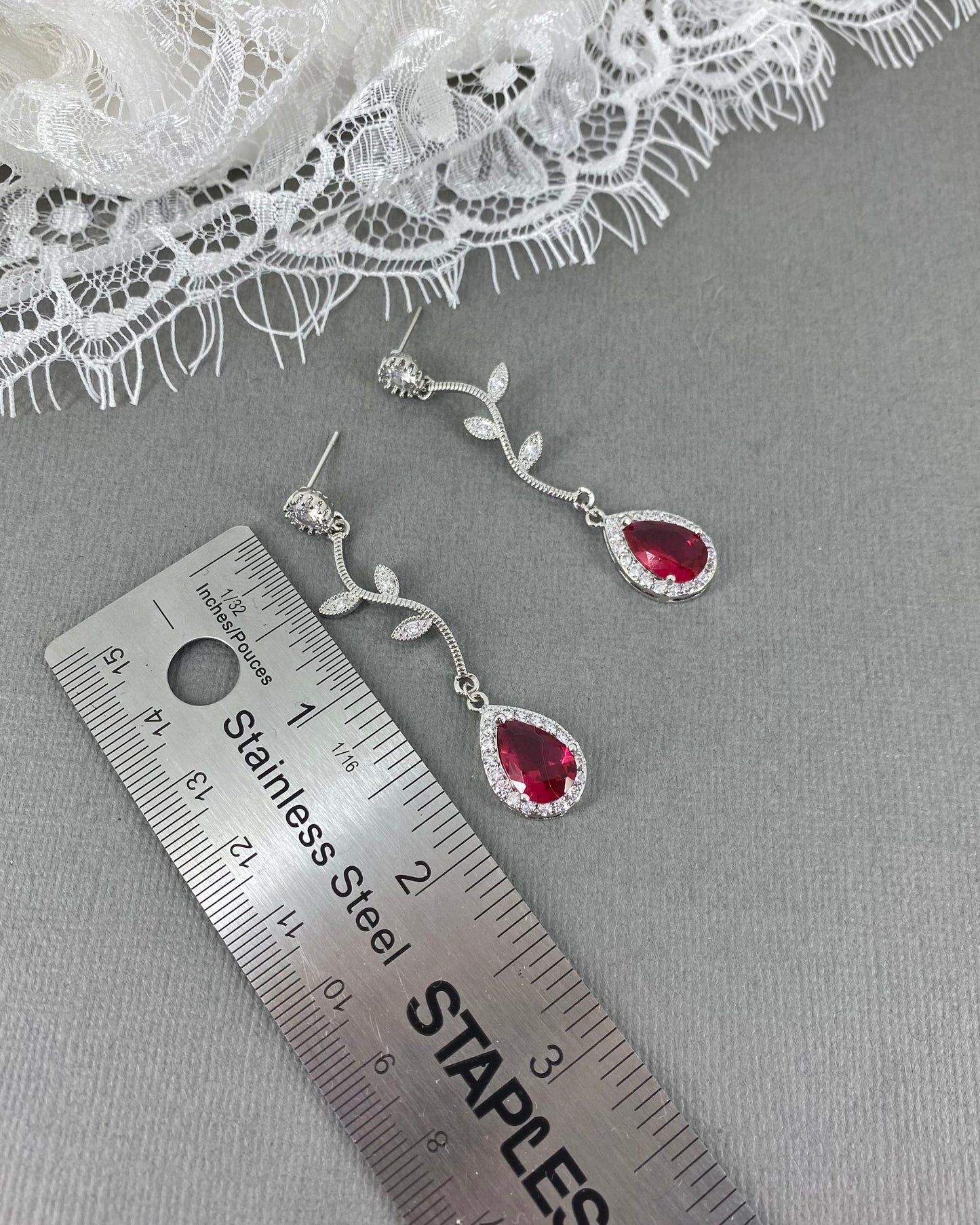 Wedding Bridal 2pcs CZ Red Christmas Necklace and Earrings Set