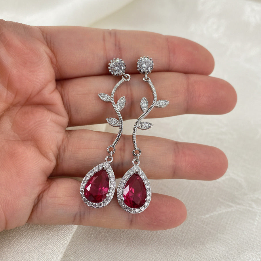 Wedding Bridal 2pcs CZ Red Christmas Necklace and Earrings Set