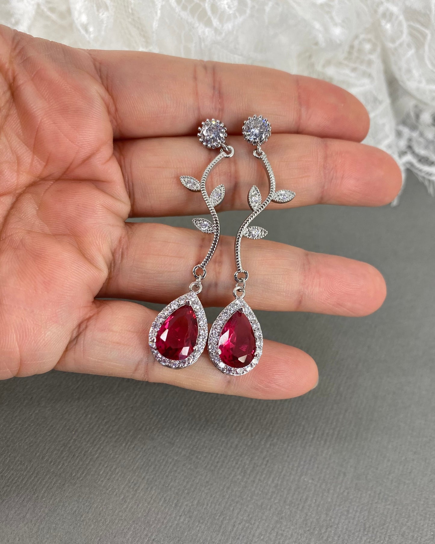 Wedding Bridal 2pcs CZ Red Christmas Necklace and Earrings Set