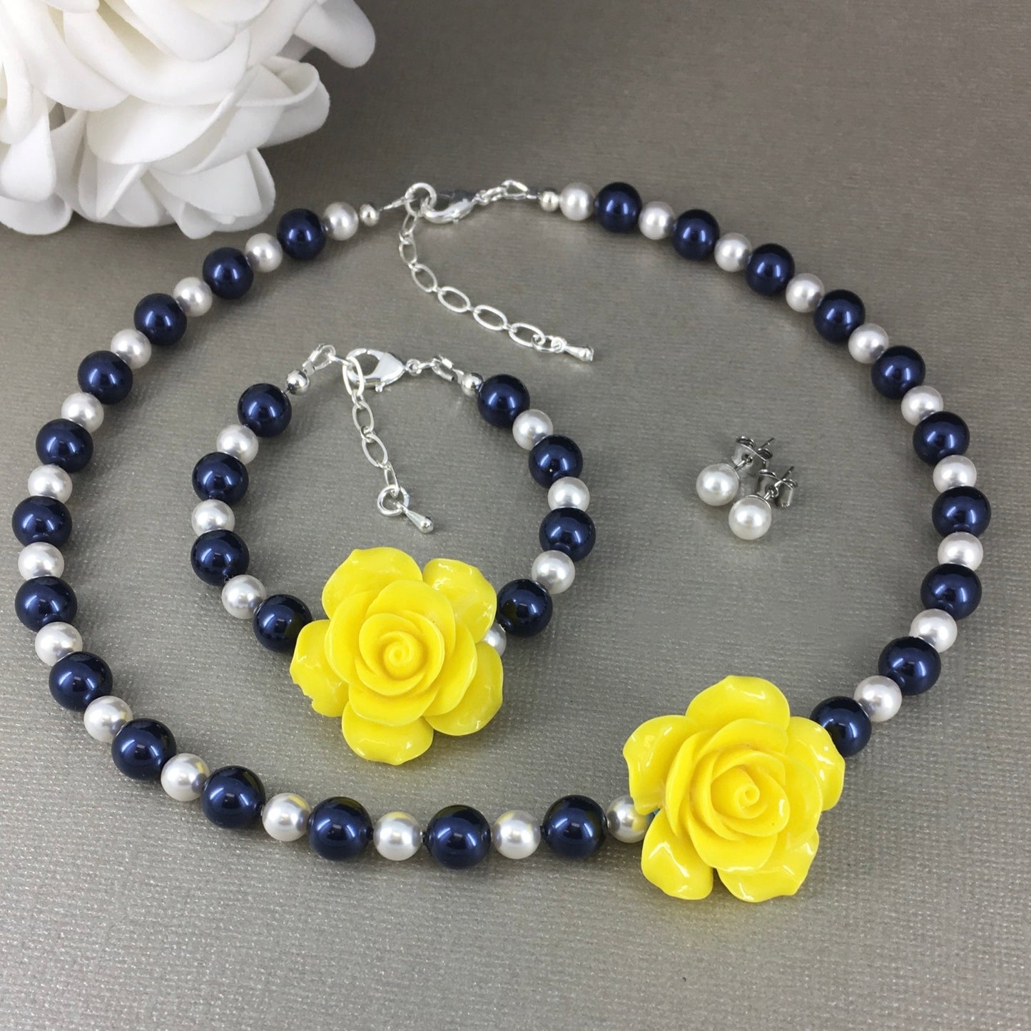 Navy Blue and White Pearl Resin Yellow Rose Necklace Bracelet Stud Earrings