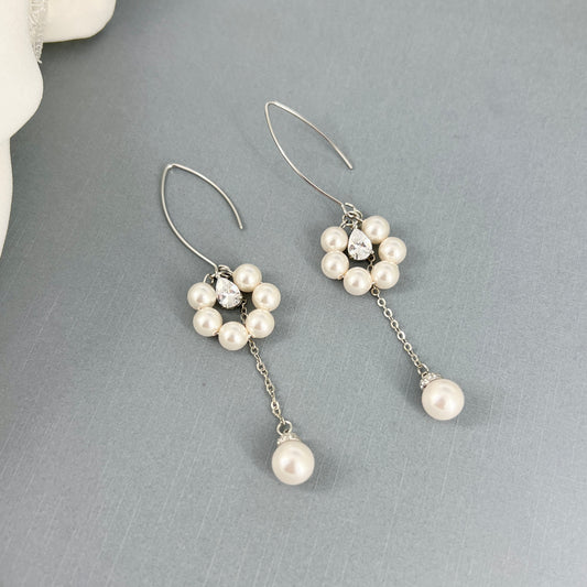 Wedding Bridal Flower Pearl Long Earrings