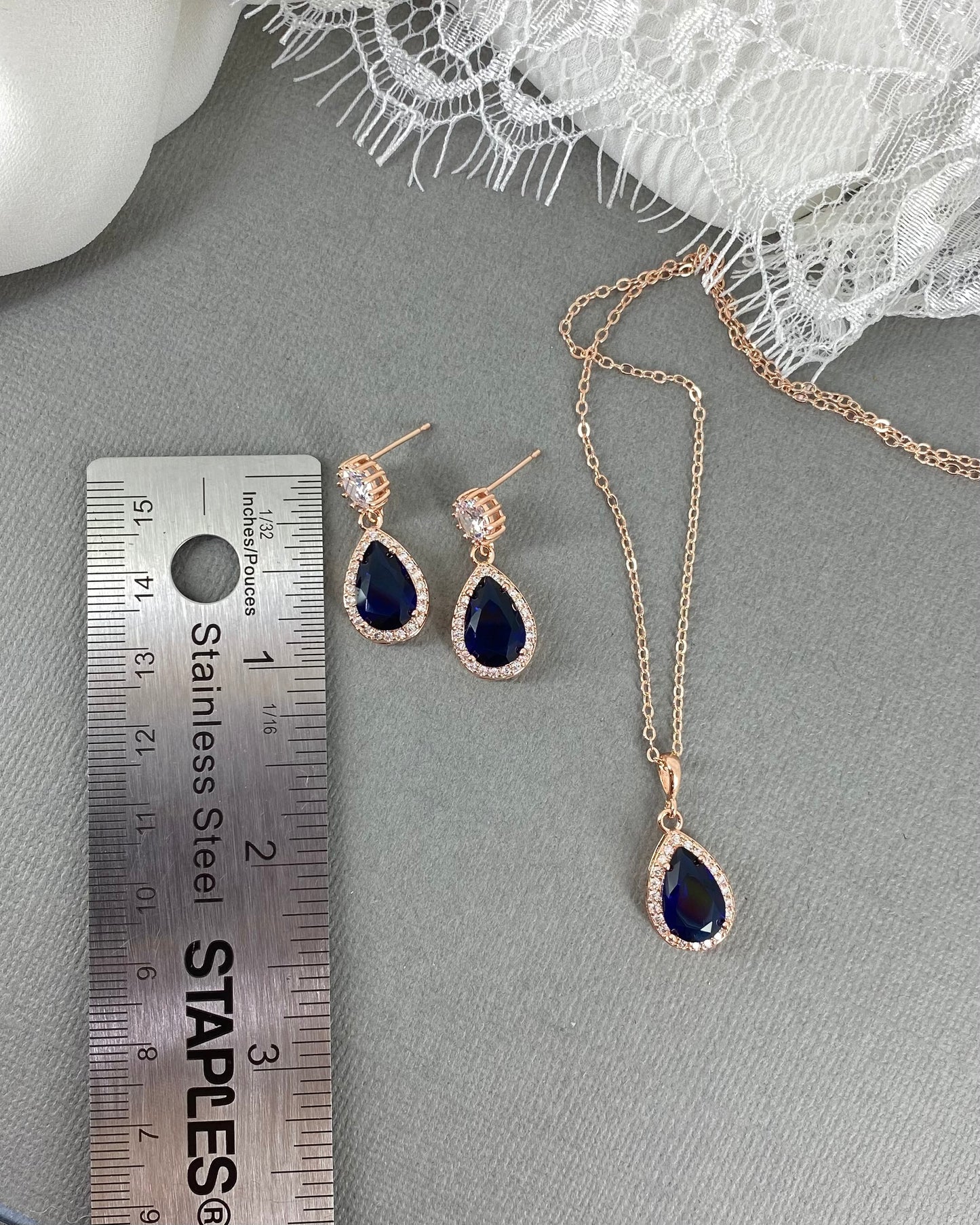Wedding Bridal 2pcs CZ Rose Gold Plated Sapphire Blue Jewelry Set