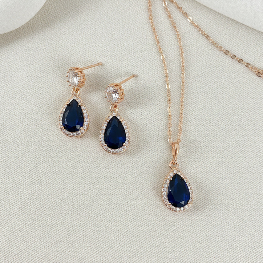 Wedding Bridal 2pcs CZ Rose Gold Plated Sapphire Blue Jewelry Set