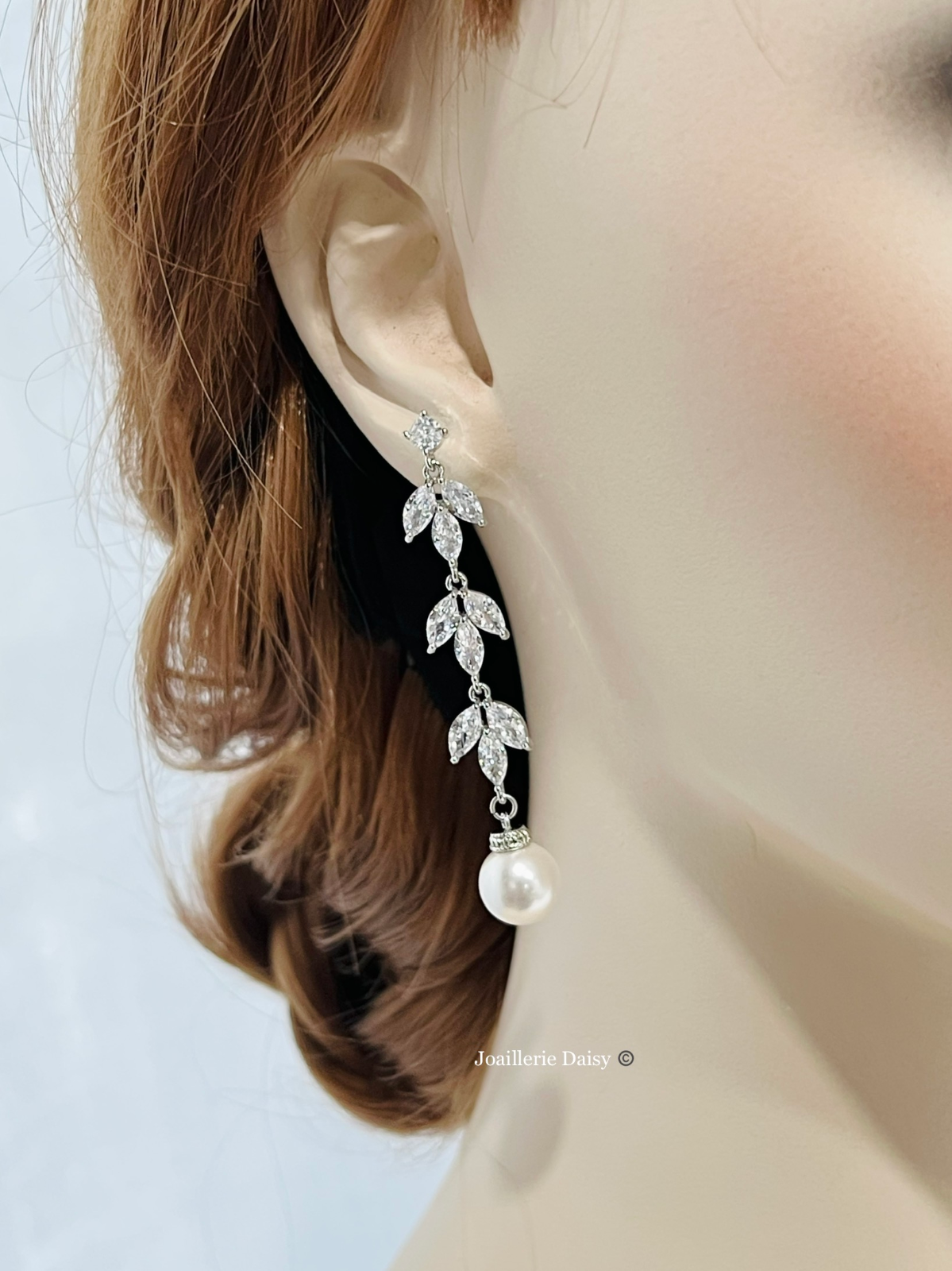 Wedding Bridal CZ Leaf Long Drop 10mm Pearl Earrings