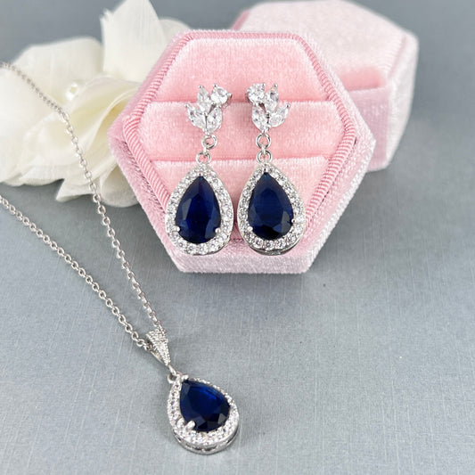 Bridal Wedding Necklace Earrings Set with Sapphire Blue Teardrop