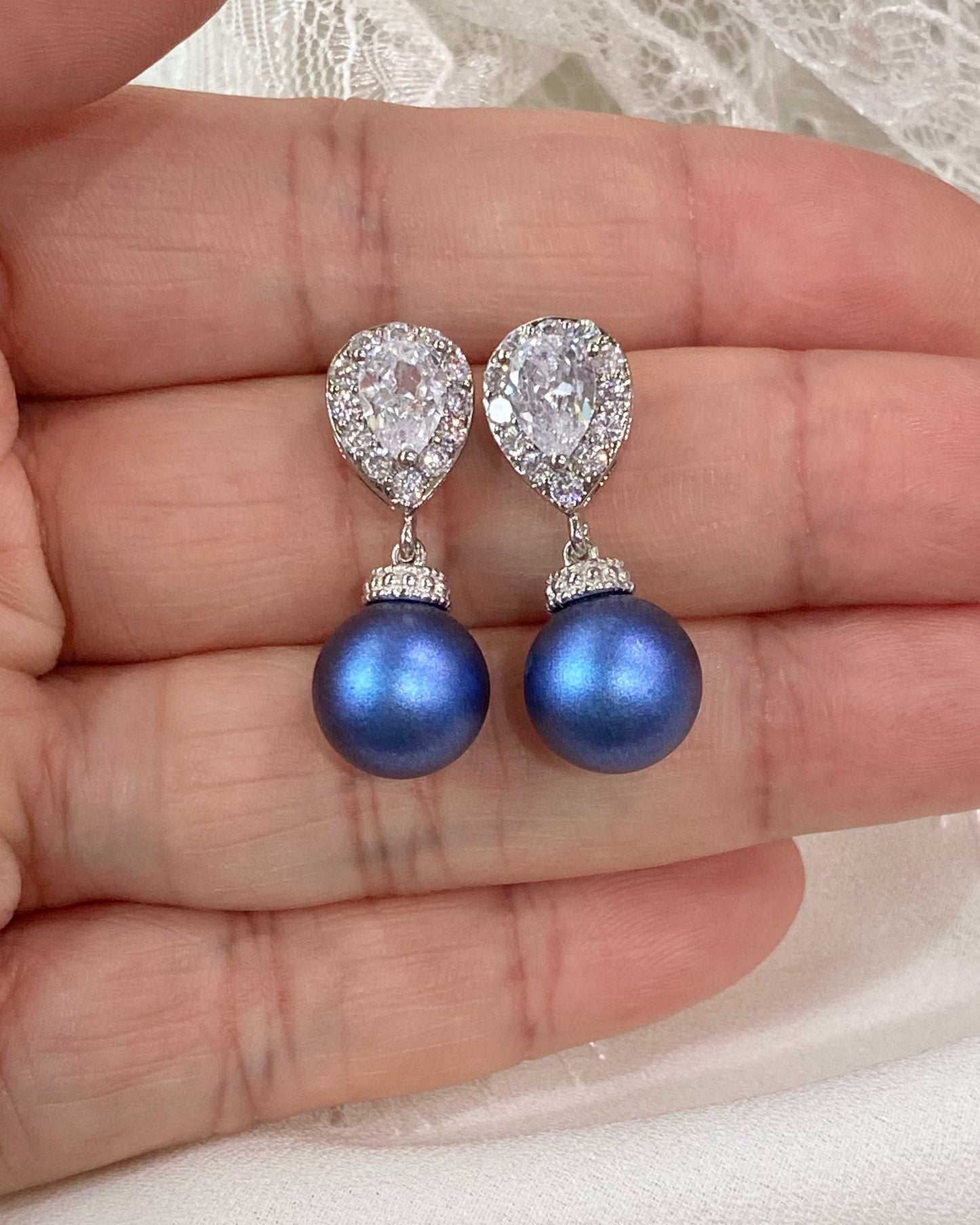 Wedding Bridal Royal Blue Pearl Necklace and Earrings Set