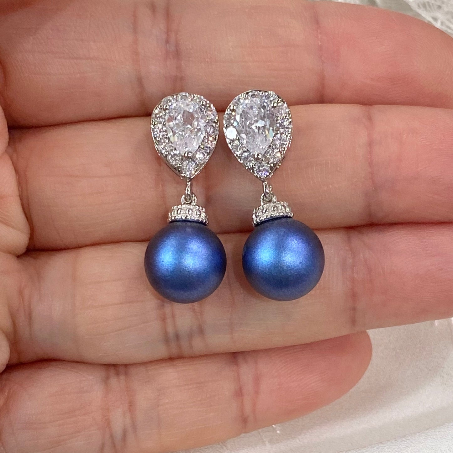 Wedding Bridal Royal Blue Pearl Necklace and Earrings Set