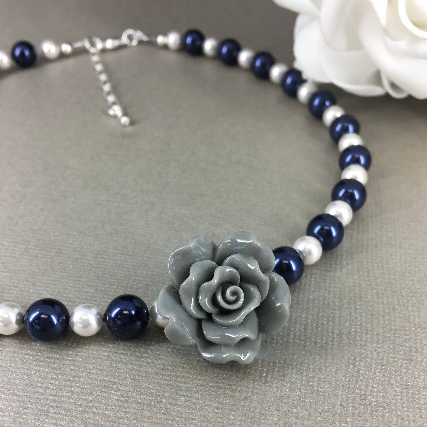 Gray Flower Rose Navy and White Pearl necklace Bracelet Earrings