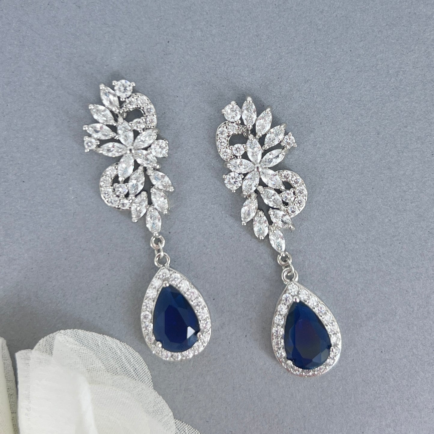 Bridal Wedding Sapphire Something Blue Teardrop Flower Earrings