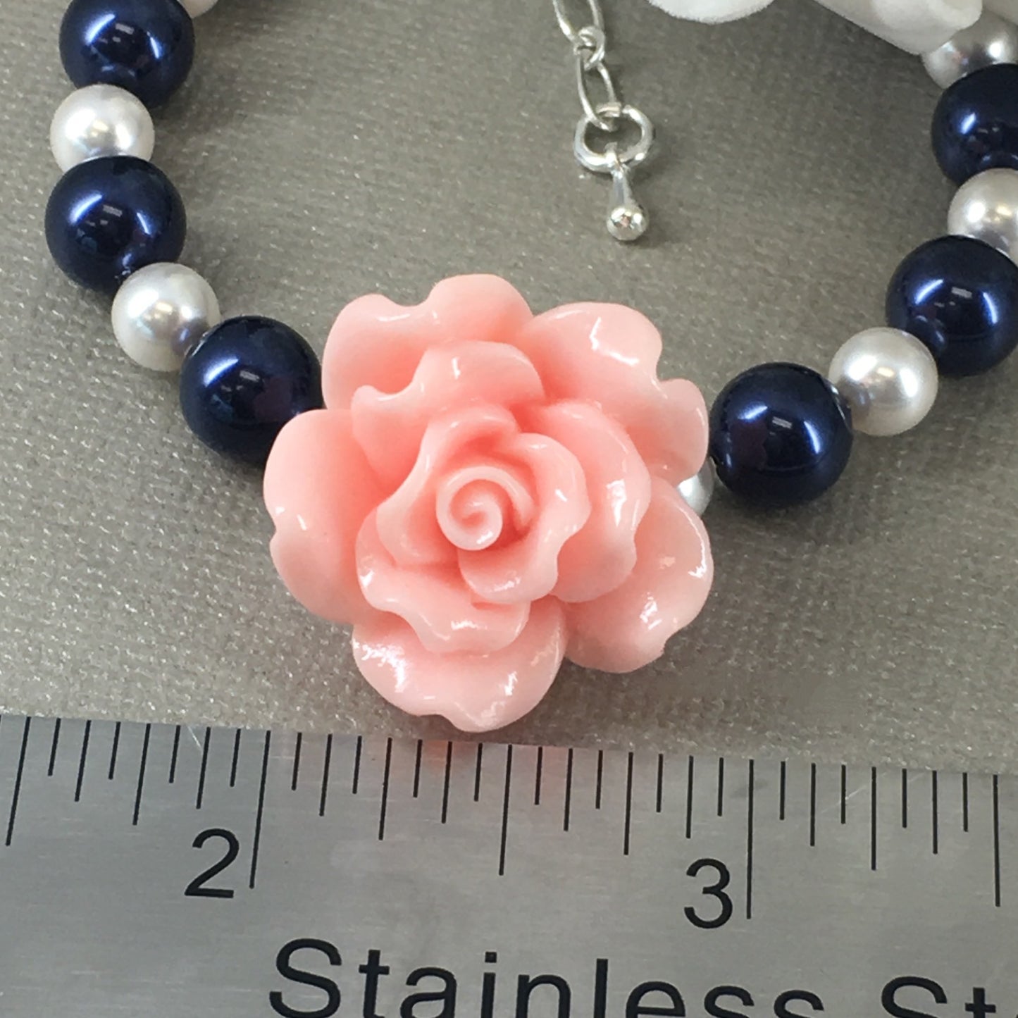 Blush Pink Rose Navy and White Pearl Necklace Bracelet Earrings