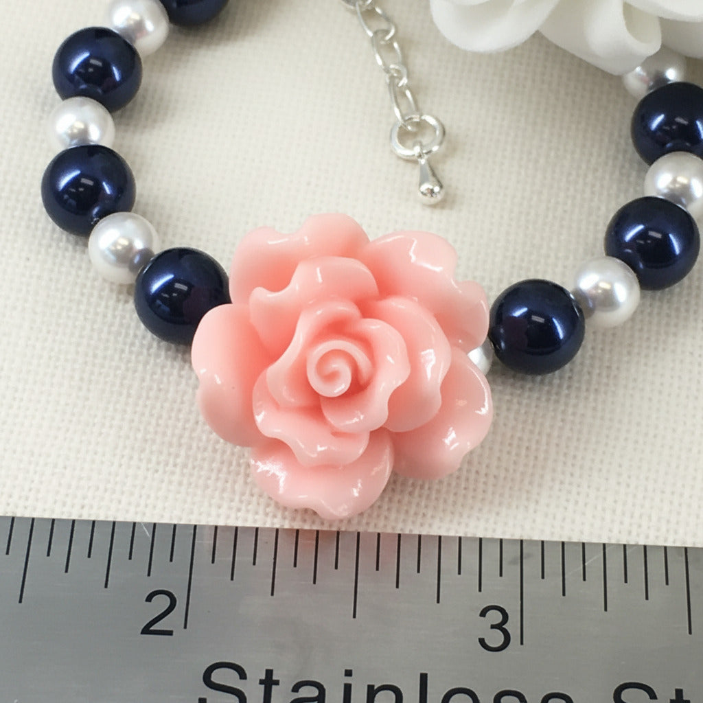 Blush Pink Rose Navy and White Pearl Necklace Bracelet Earrings