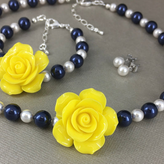 Navy Blue and White Pearl Resin Yellow Rose Necklace Bracelet Stud Earrings