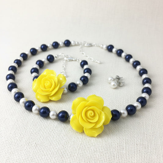Navy Blue and White Pearl Resin Yellow Rose Necklace Bracelet Stud Earrings