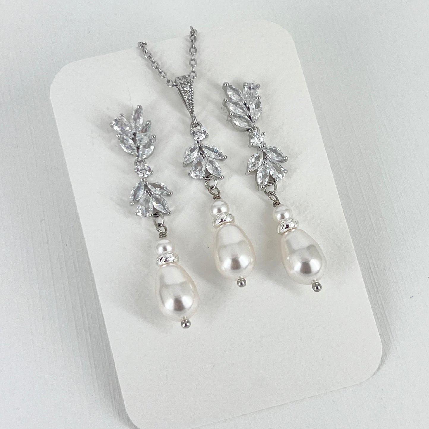 Bridal Wedding Floral Marquise Crystal and Pearl Necklace Earrings Set