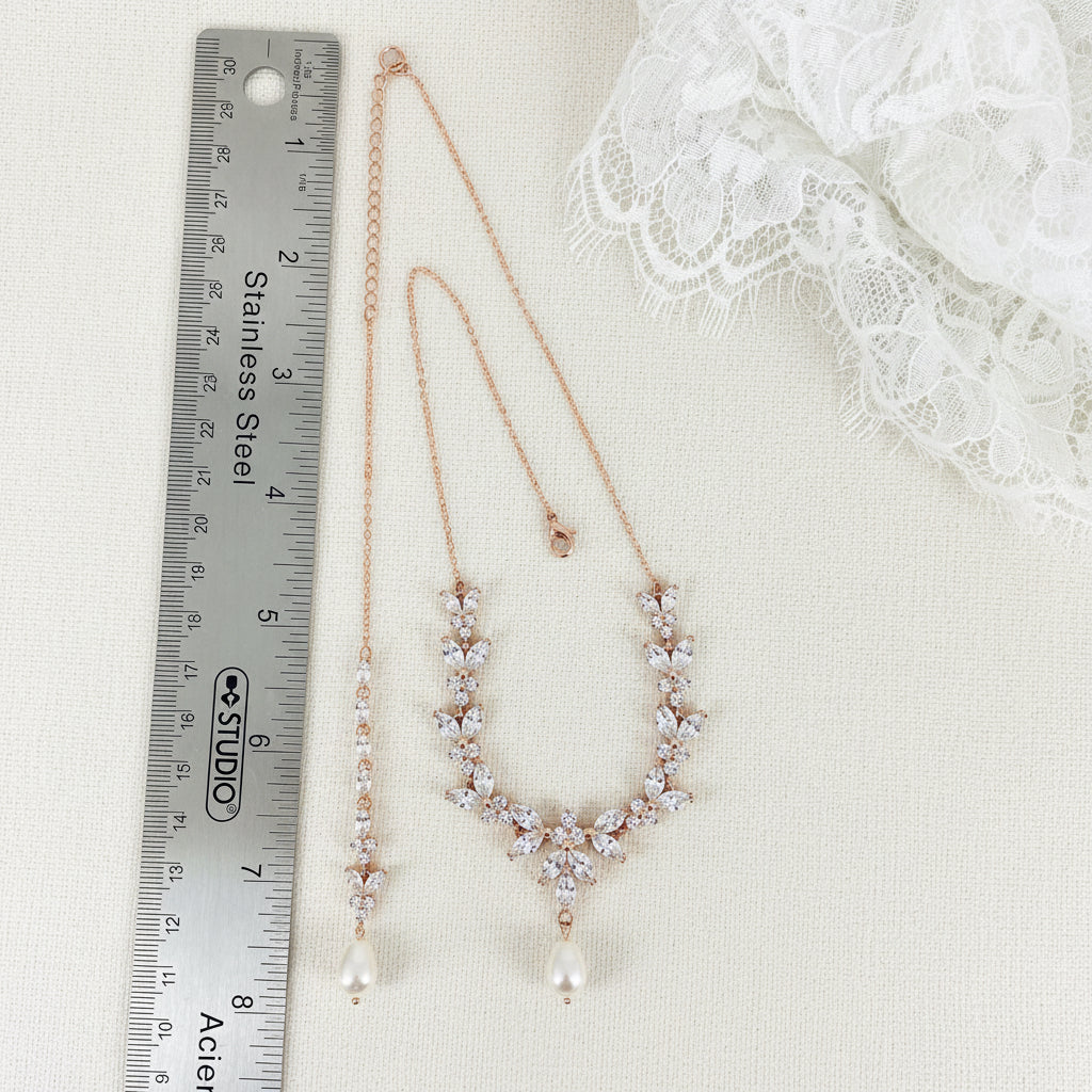 Wedding CZ Rose Gold Plated Statement Backdrop Pearl Necklace