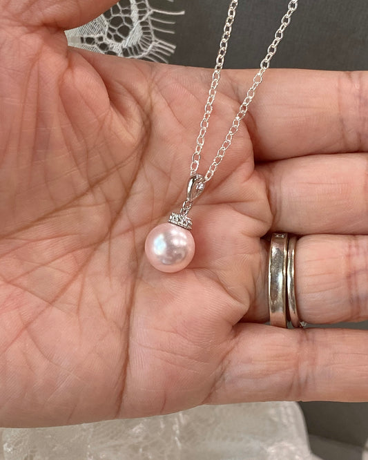 Wedding Bridal Pink Pearl Necklace and Stud Earrings Set