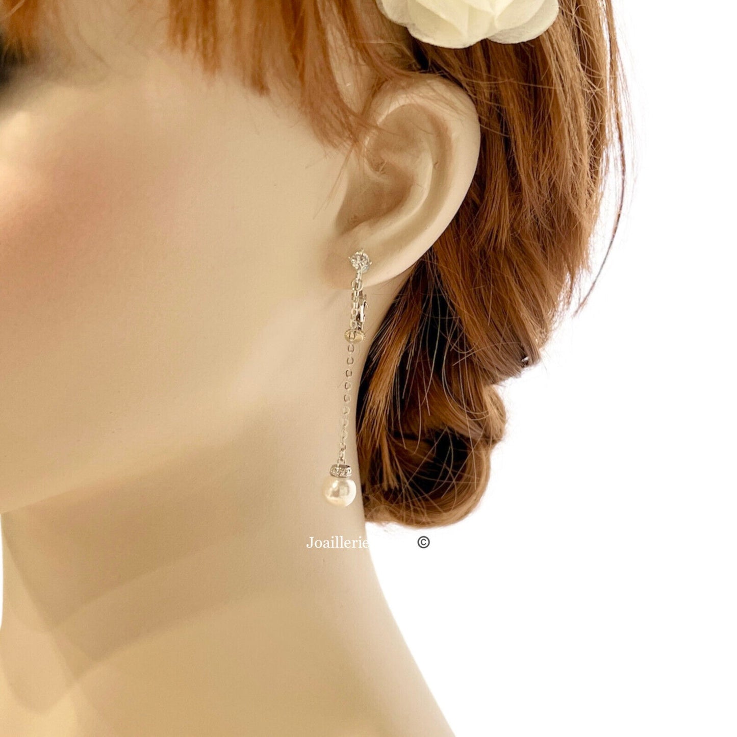 Wedding Bridal White Gold Plated Linear Pearl Clip-on Earrings