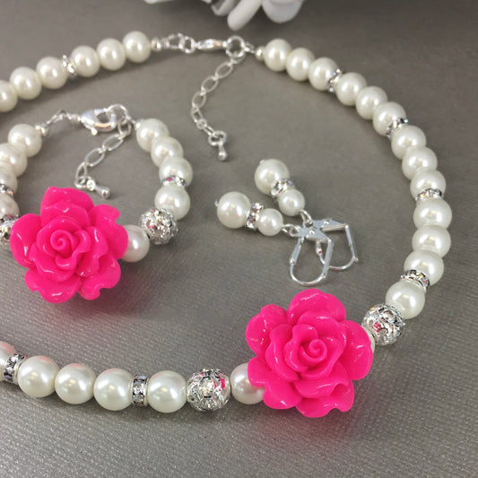 Hot Pink Fuchsia Flower Rose Necklace Bracelet Earrings
