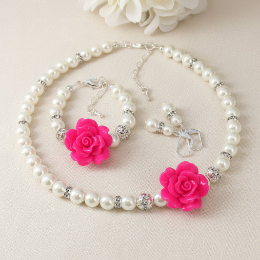 Hot Pink Fuchsia Flower Rose Necklace Bracelet Earrings