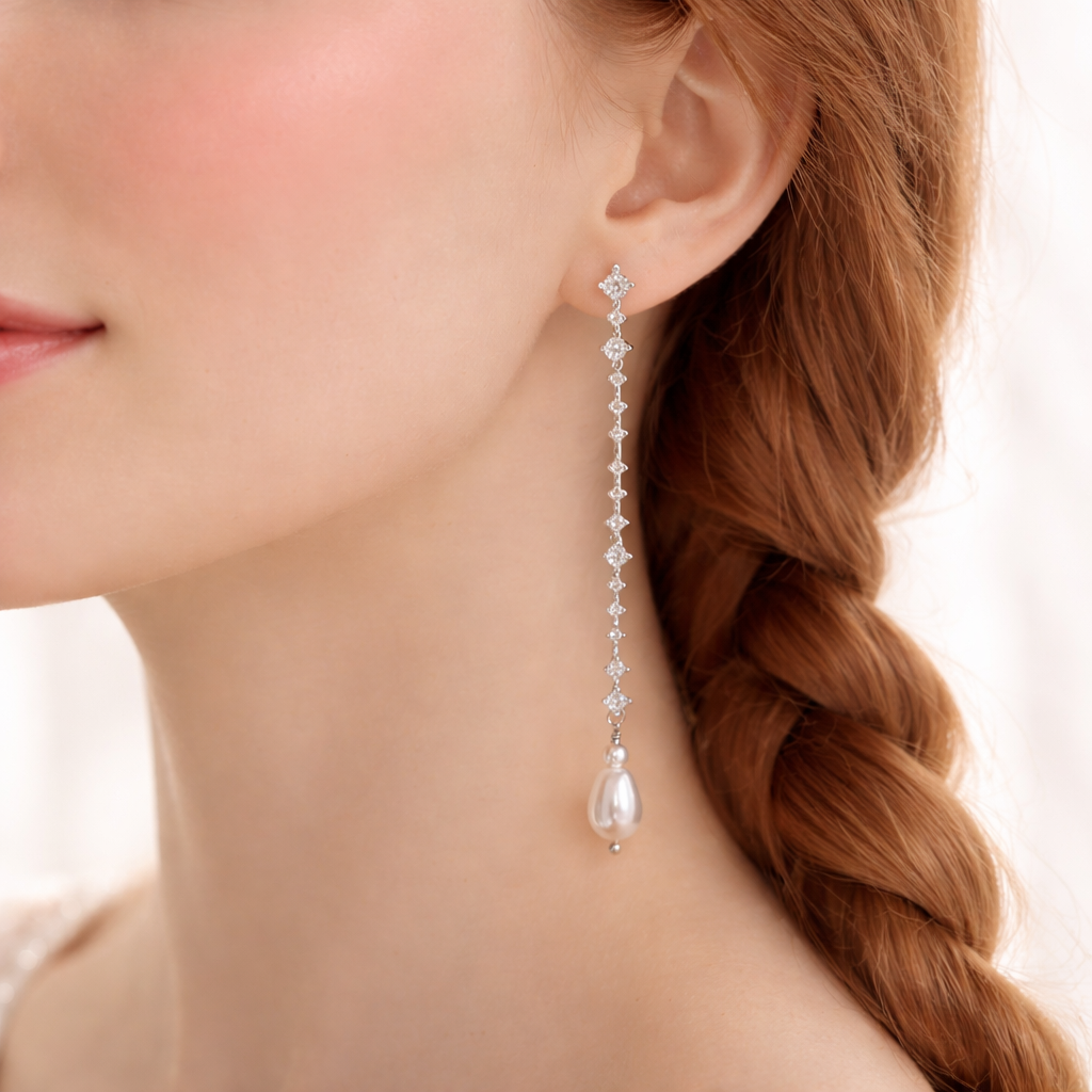 Wedding Minimal Crystal Linear Pearl Drop Earrings
