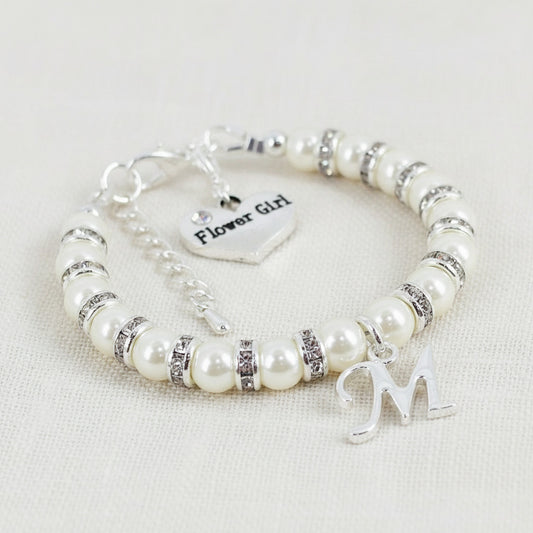 Pearl and Initial Charm Flower Girl Bracelet