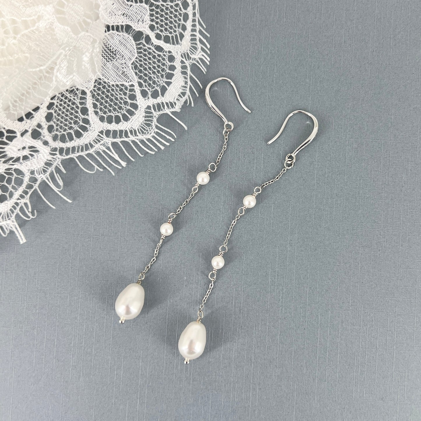 Bridal Wedding Linear Pearl Drop Long Earrings