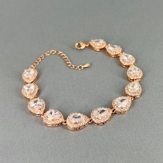 Wedding Bridal Cubic Rose Gold Plated Full Teardrop Bracelet