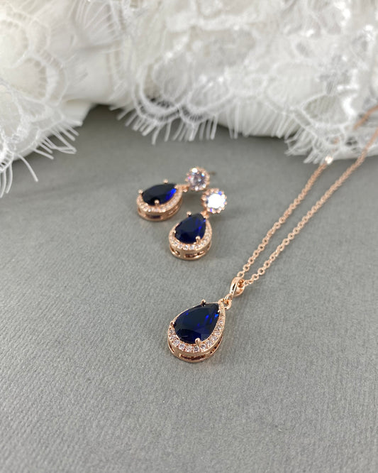 Wedding Bridal 2pcs CZ Rose Gold Plated Sapphire Blue Jewelry Set