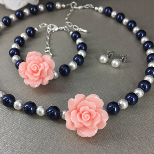 Blush Pink Rose Navy and White Pearl Necklace Bracelet Earrings