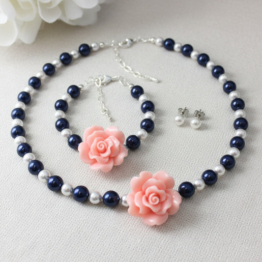 Blush Pink Rose Navy and White Pearl Necklace Bracelet Earrings
