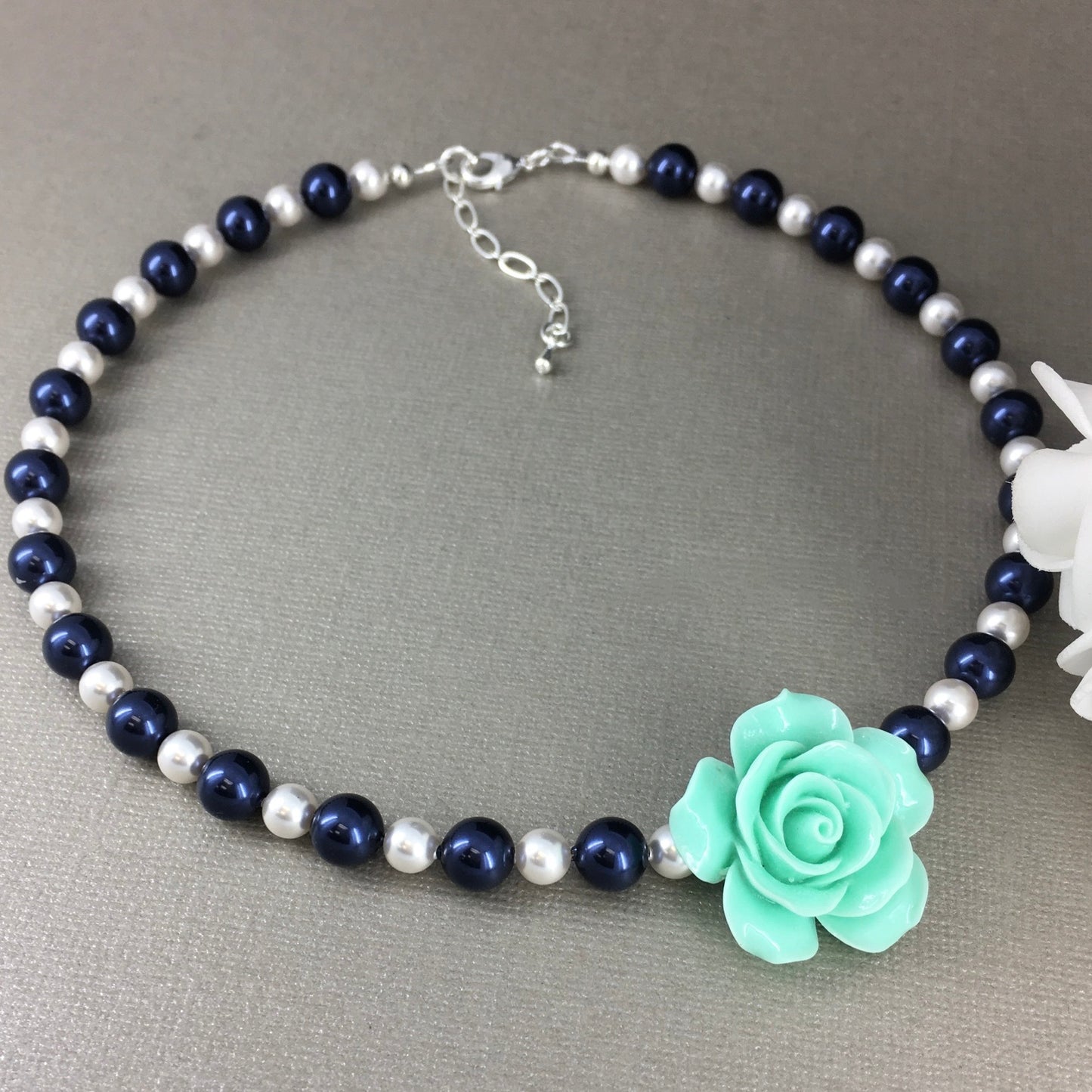 Mint Green Rose Navy Blue and White Pearl Necklace Bracelet Stud Earrings