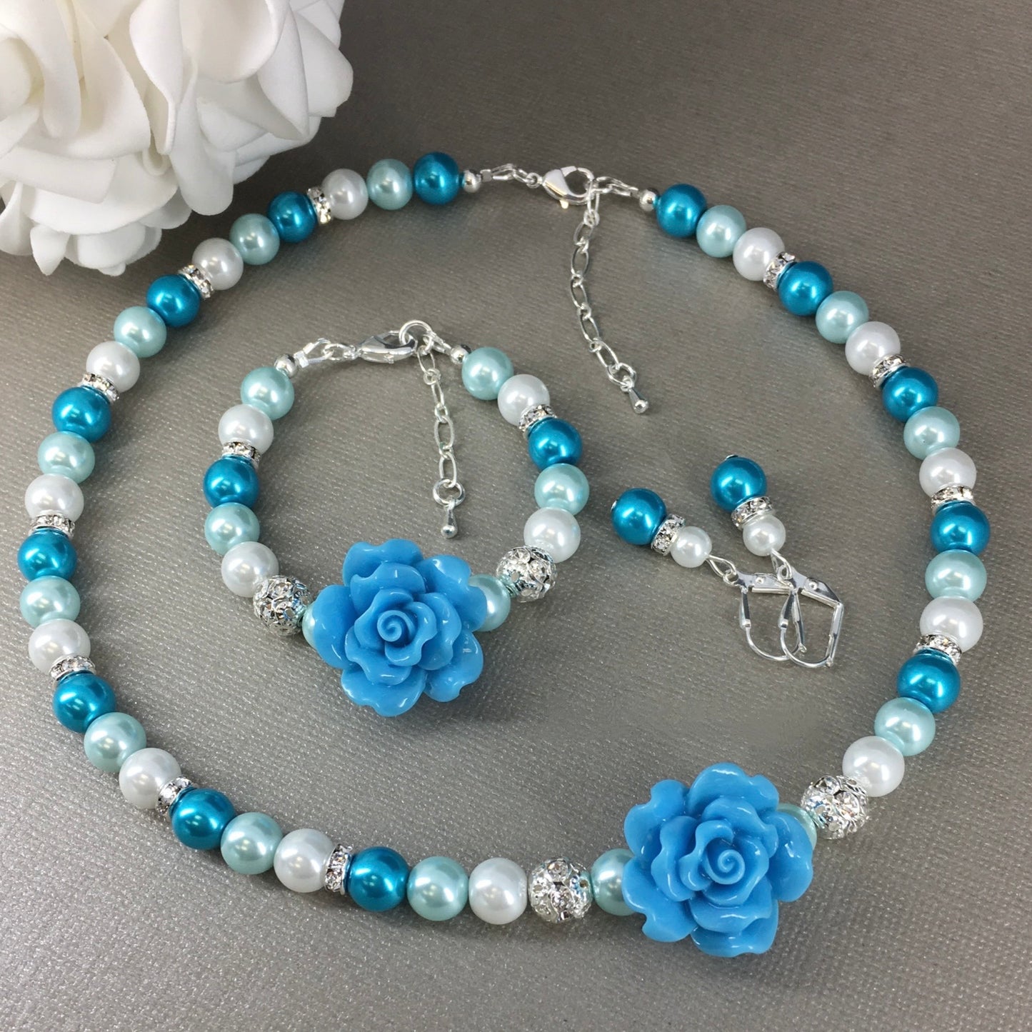 Ocean Inspired Shades of Blue Resin Flower Necklace Bracelet Earrings