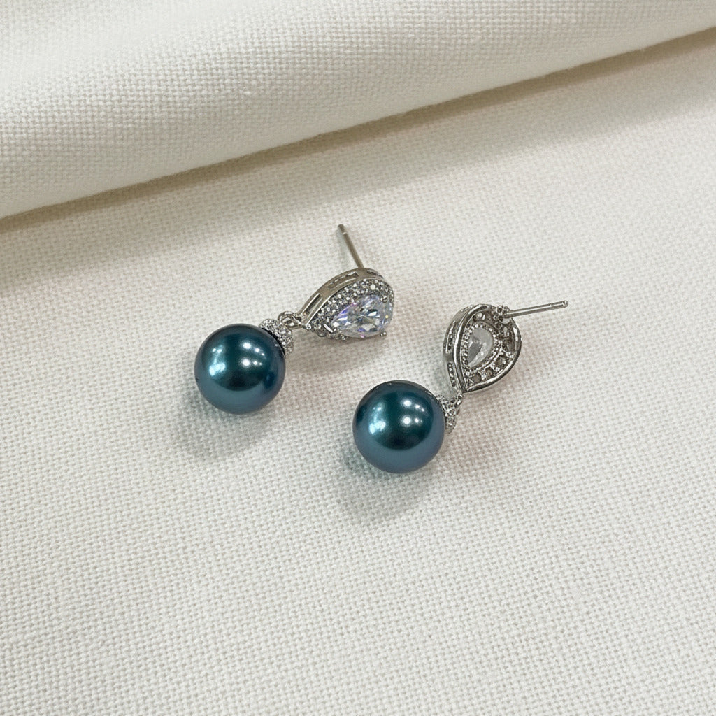 Wedding Bridal Teal Pearl Necklace and Earrings Set