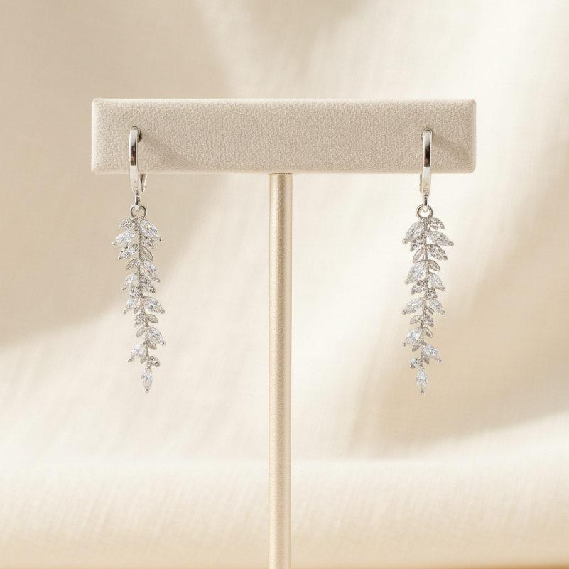 Wedding Crystal Leaf Bridal Hoop Earrings