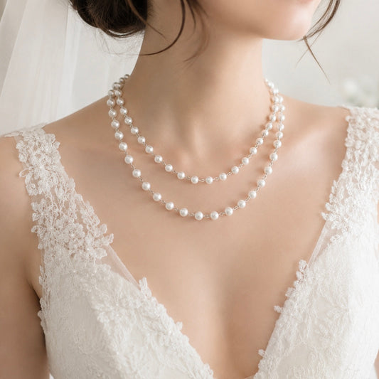 Wedding Double Layer Pearl Necklace and Earrings Set