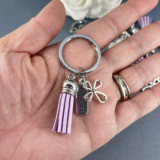 Cross and Purple Lilac Tassle Blessed Key Chain Religious Baptisms Confirmations Gifts Wedding Favors