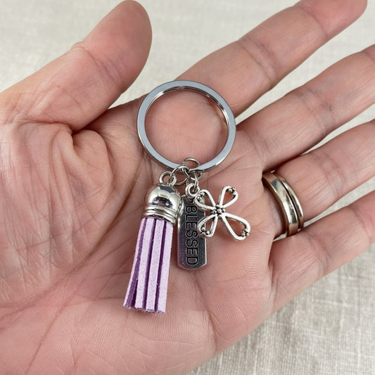 Cross and Purple Lilac Tassle Blessed Key Chain Religious Baptisms Confirmations Gifts Wedding Favors