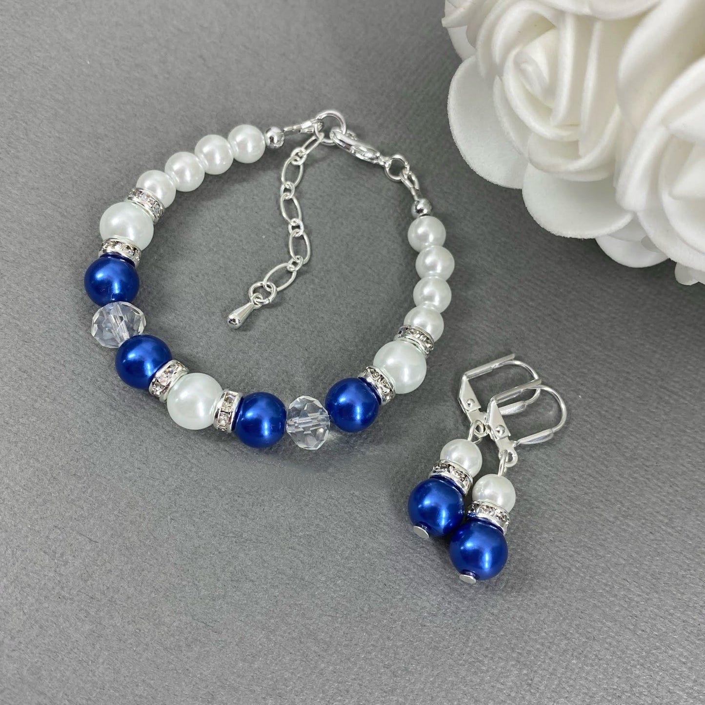 Royal Blue Flower Rose Pearl Necklace Bracelet Earrings
