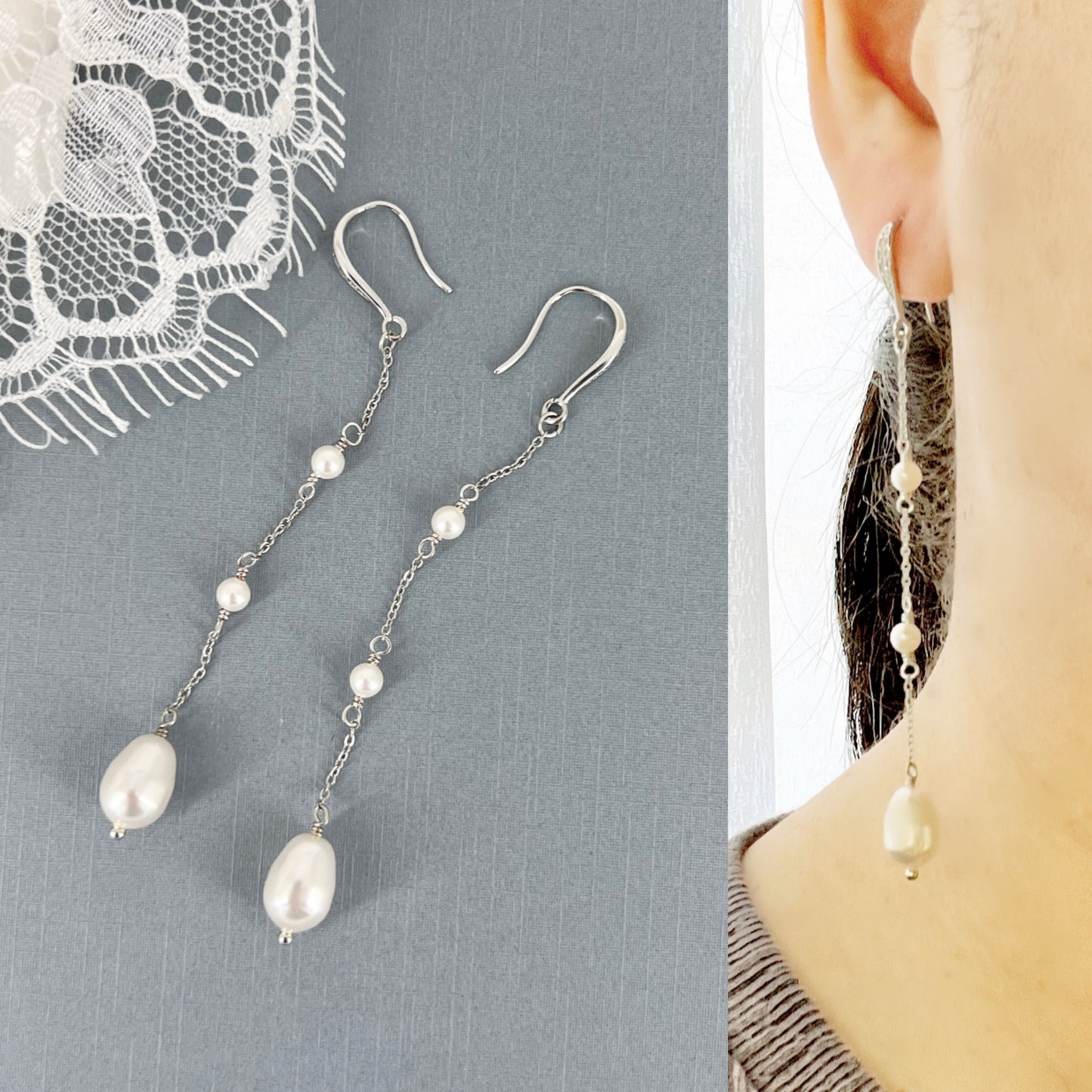 Bridal Wedding Linear Pearl Drop Long Earrings