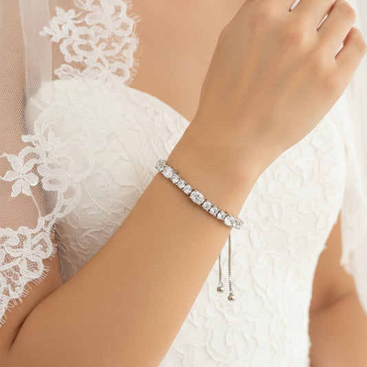 Crystal Tennis Bridal Silver Adjustable Bracelet
