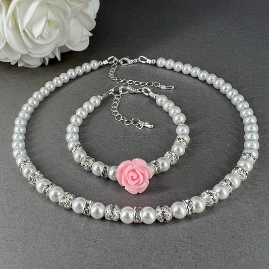 Light Pink Rose White Pearl Necklace Bracelet Earrings