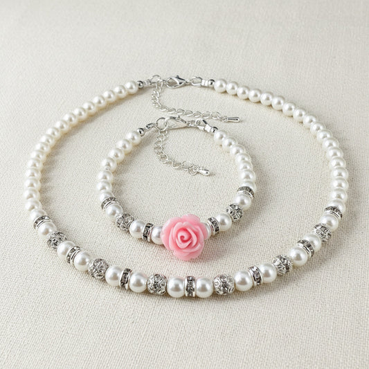 Light Pink Rose White Pearl Necklace Bracelet Earrings
