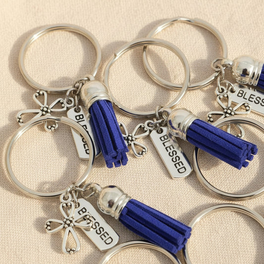 Cross and Blue Tassel Blessed Key Chain Religious Baptisms Confirmations Gifts Wedding Favors