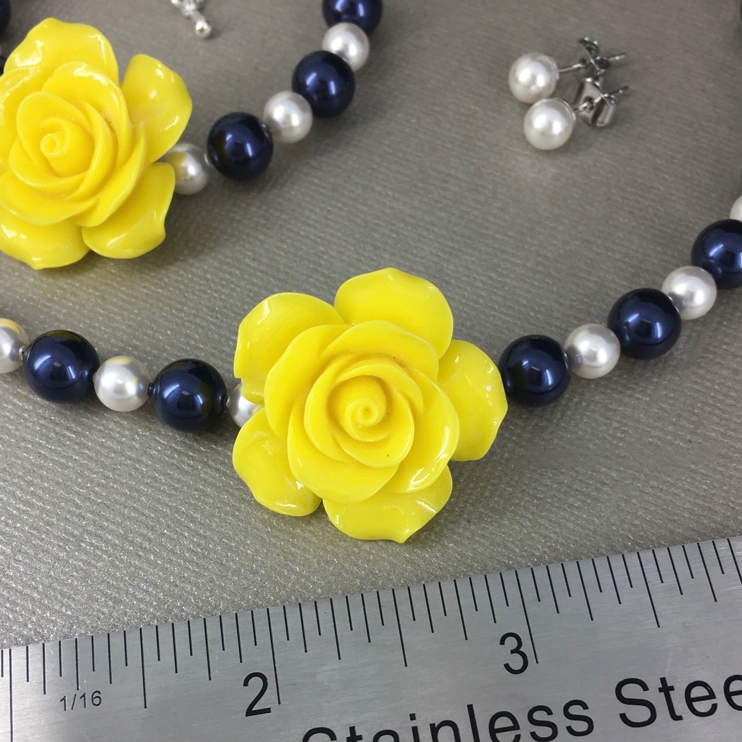 Navy Blue and White Pearl Resin Yellow Rose Necklace Bracelet Stud Earrings