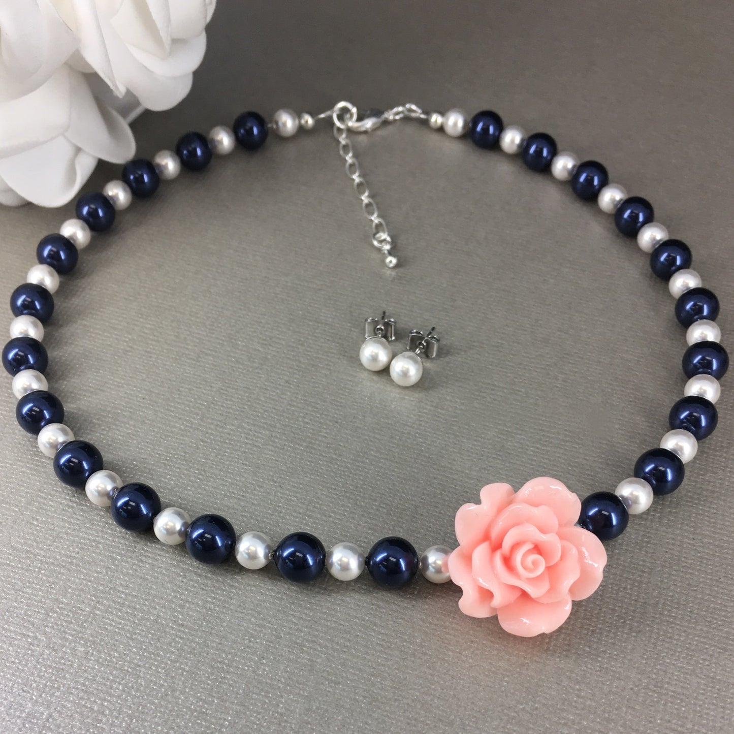 Blush Pink Rose Navy and White Pearl Necklace Bracelet Earrings