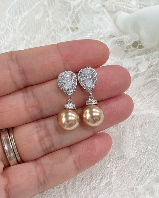 Wedding Bridal 2pcs CZ Teardrop and Rose Gold Pearl Necklace and Earrings Set