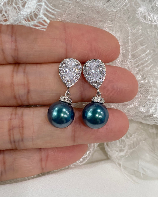 Wedding Bridal Teal Pearl Necklace and Earrings Set
