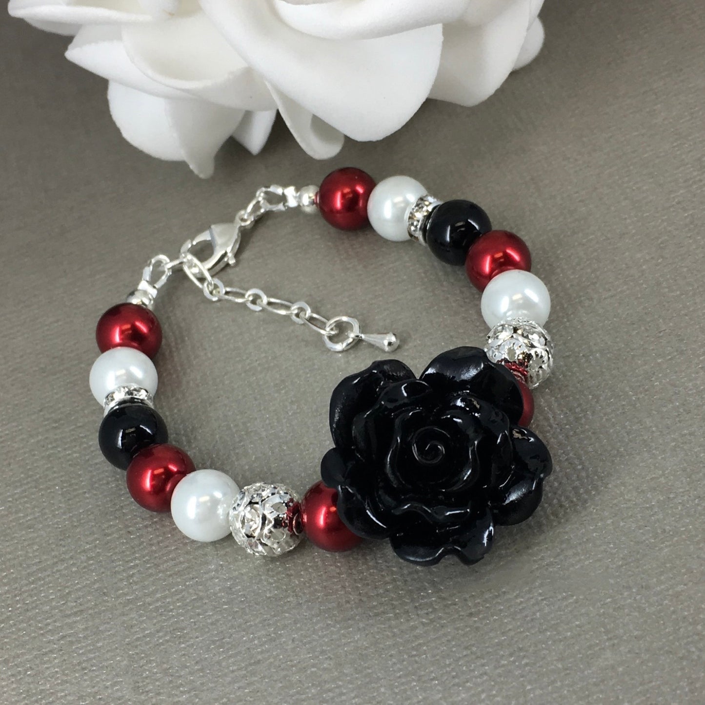 Red White Black Pearl with Resin Flower Necklace Bracelet Earrings